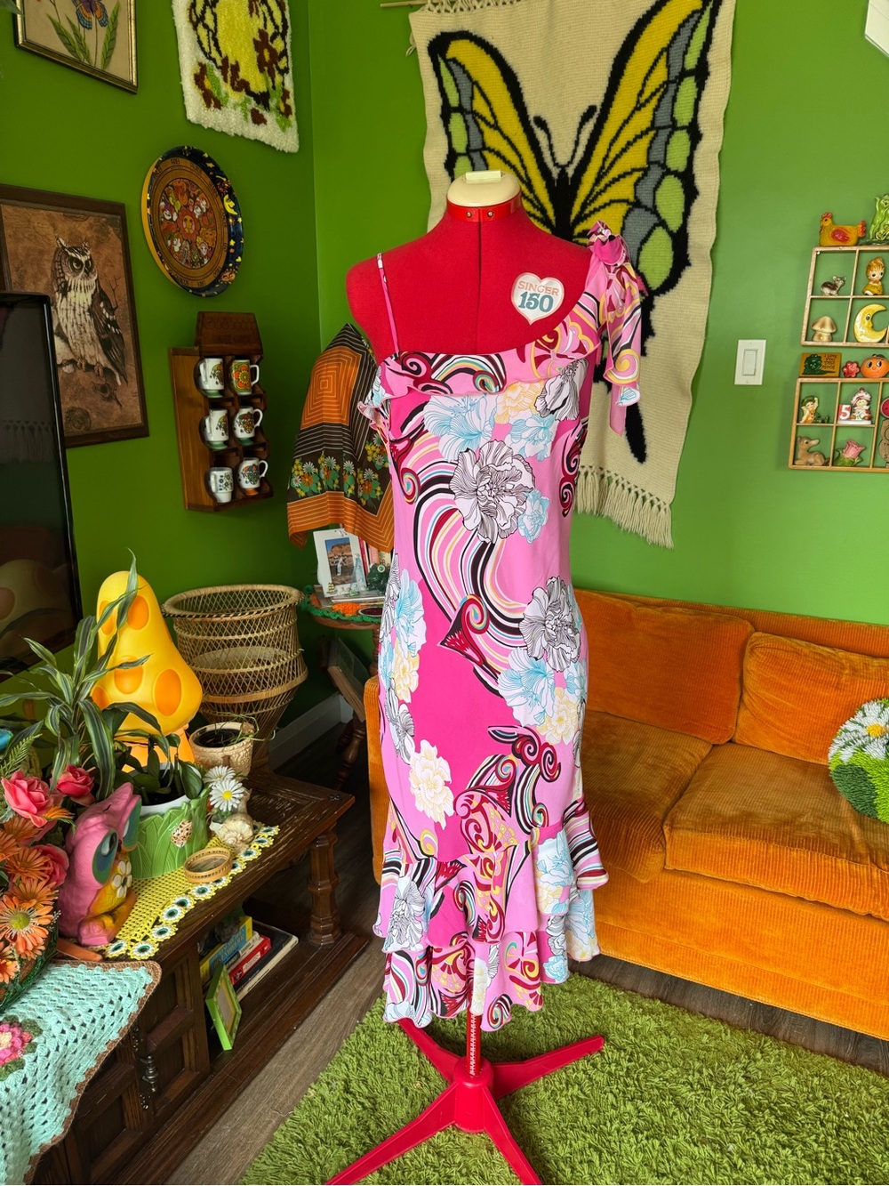 Pink Floral One-Shoulder Midi Dress